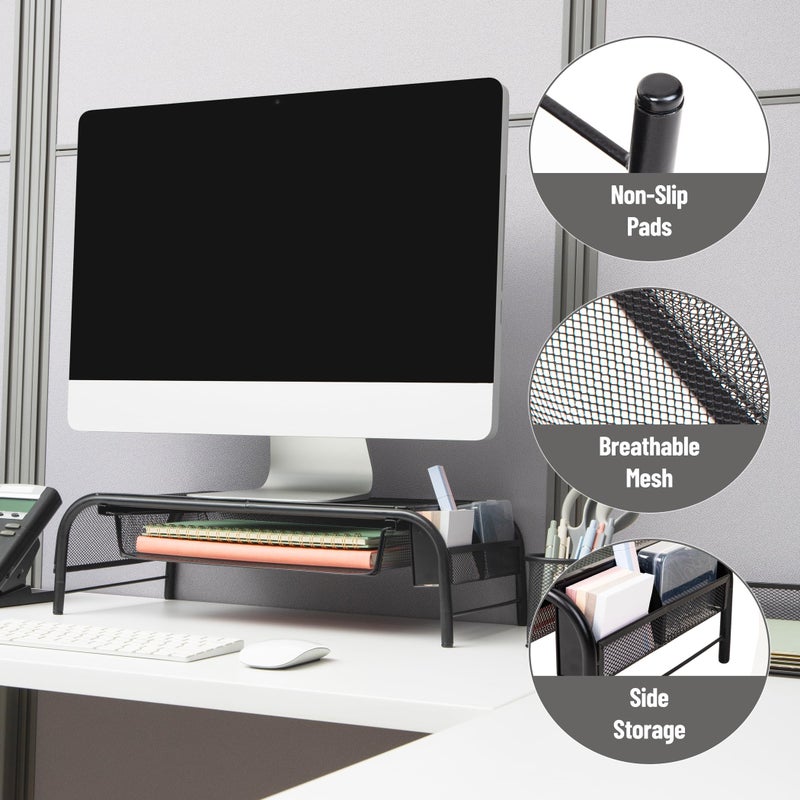 Mind Reader Monitor Stand, Ventilated Laptop Riser, Paper Tray, Storage, Office, Metal Mesh, 20"L x 11.5"W x 5.5"H, Black - Image 4